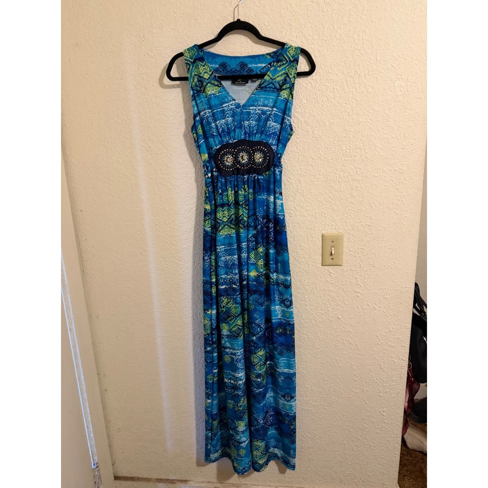 Nina Leonard Blue Tribal Print Beaded Empire Waist Maxi Dress Womens Medium